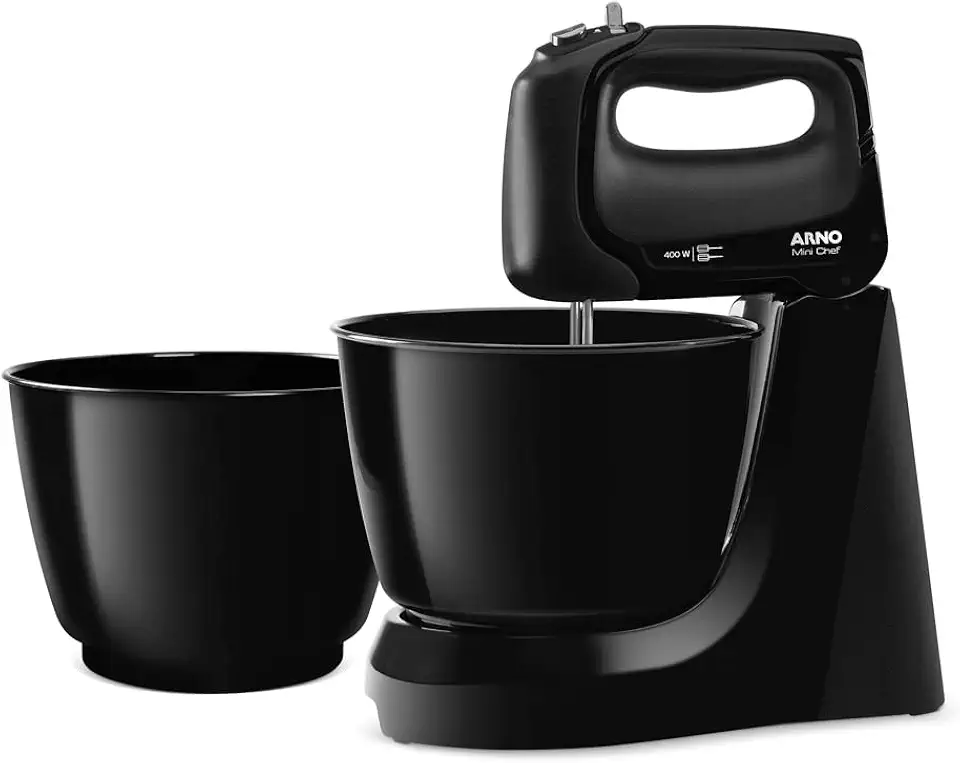 Batedeira Arno Mini Chef Portátil 400W com 2 Tigelas de 4 Litros 4 velocidades Função Pulsar Preta HM11 127v