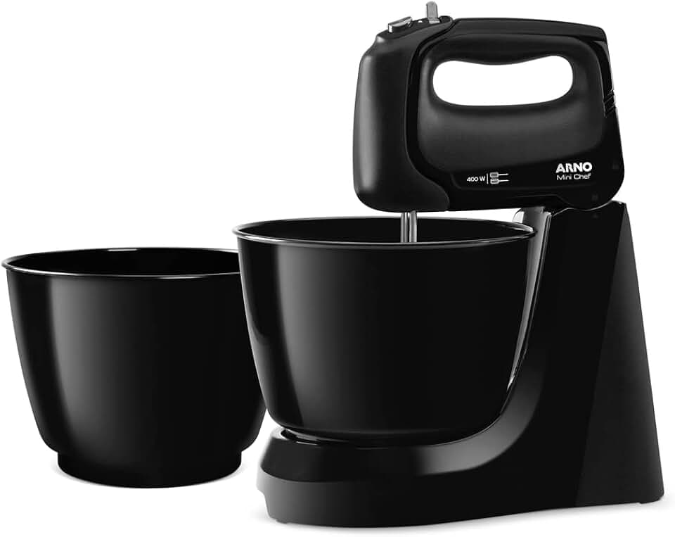 Batedeira Arno Mini Chef Portátil 400W com 2 Tigelas de 4 Litros 4 velocidades Função Pulsar Preta HM11 127v