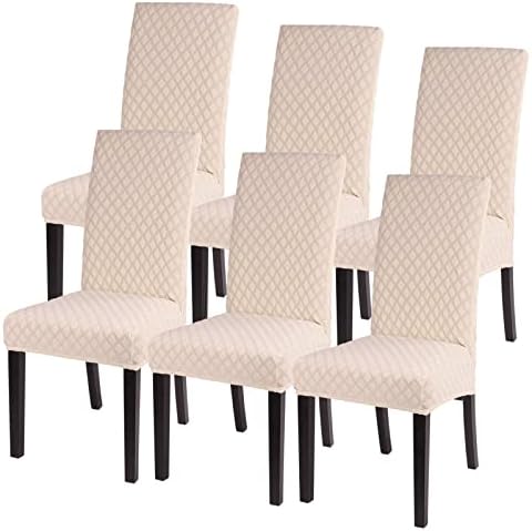 SearchI Dining Room Chair Covers Set of 6, Stretch Jacquard Parsons Chair Slipcovers Super Fit Removable Washable Kitchen Chair Protector Cover for Dining Room, Hotel, Ceremony (Pure Beige)