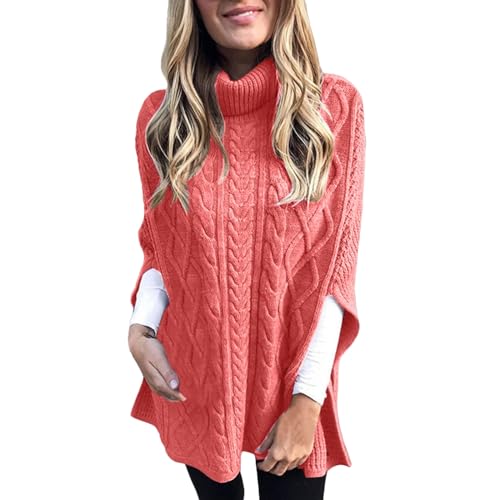 Womens Turtleneck Poncho Sweater Chunky Cable Knit Sweater Fashion Side Slit Shawl Top
