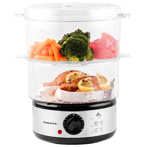 Ovente Electric Food Steamer 5 Quart Double Tier Stackable Portable BPA-Free Basket with 400 Watt Power Stainless Steel Base Steamer 60-Minute Timer Fast Steaming for Vegetable and Fish, Silver FS62S