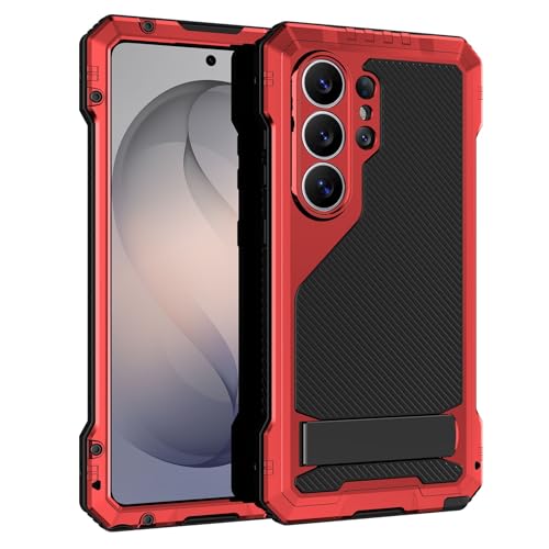 Coque Samsung S26 Ultra rouge antichoc en métal aluminium et silicone rigide avec support