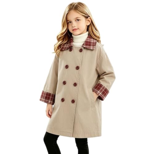 Girls Trench Coat Double Breasted Plaid Overcoat Fall Windproof Jacket