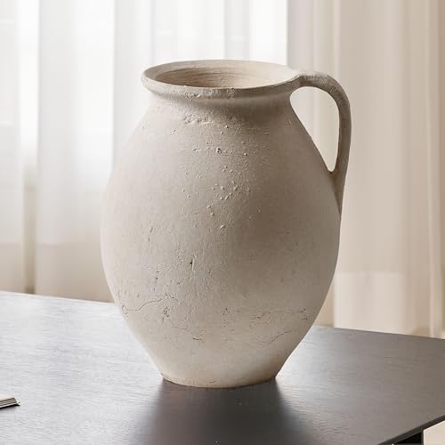 LB2 White Ceramic Large Vase, 11.2" Tall Zen Style Vase, Terra Cotta Pitcher, Distressed Farmhouse Decor, Pottery Decorative Flower for Home Decor (D - White 11.2")