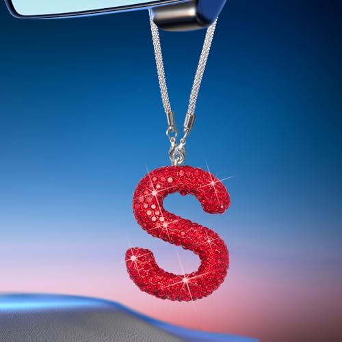 STYVIN Letter S Bling Bright Red Car Accessories Interior for Women, Interior Charm Rear View Mirror Cute Crystal Pendant Car Decorations for Men, Lucky Gifts Diamond Rhinestone