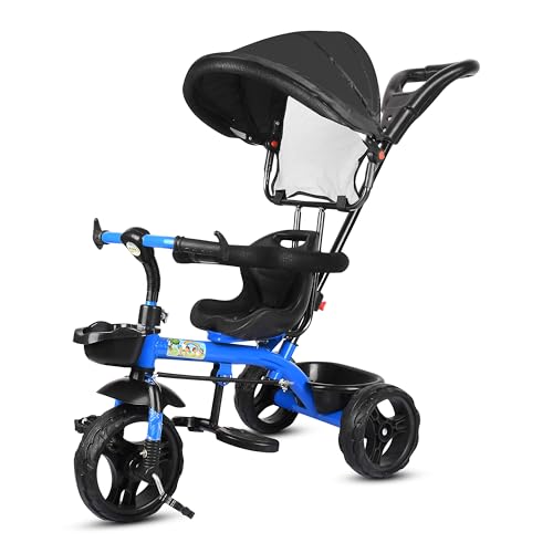 Image of BABY SMILE 4-in-1 Kids Tricycle with Adjustable Canopy, Parent Push Handle, Red and White (Blue Black)