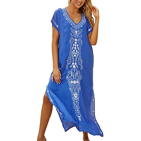 LikeJump Women's Cotton Embroidery Beach Maxi Dress Long Kimono Swim Suit Cover Ups Plus Size Blue Cover