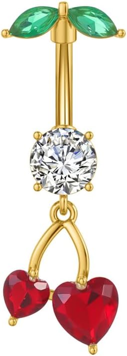 Cute 316L Surgical Steel CZ Cherry Dangle Belly Button Ring 14G Crystal Cherry Belly Navel Rings Navel Curved Barbell Dangling Body Piercing Jewelry 3/8 Inch