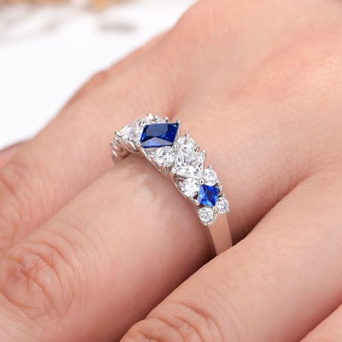 Wuziwen Princess Cut Wedding Bands for Women Blue and White Created Sapphire Sterling Silver Anniversary Eternity Ring4