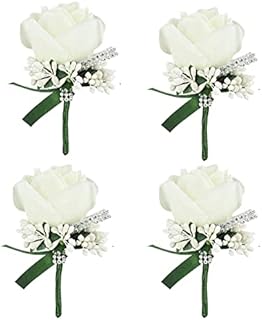 Nlmayt Boutonniere, 4 Pcs Button Holes Flowers Wedding, Artificial White Rose Handmade Corsage Flowers with Clip for Groom Men Bridal Women Suit Dress