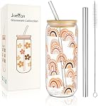Joeyan 20 oz Tasses en verre avec des lides et des pailles de bambou,Boho Can en forme de bière verres à boire,Cuire tasse à café glacé avec motif arc-en-ciel coloré,Cocktail Smoothie Tea Soda