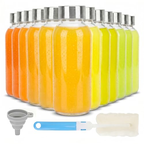 Zukro Glass Water Bottles with Lids 12 oz, Reusable Clear Juice Bottles With Stainless Steel Airtight Cap for Juicing, 100% Leak Proof Juice Drinking Jar for Smoothie, Milk, BPA Free, Set of