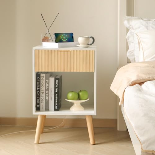 Image of Fultyle Night Stand with Charger Station, Modern Wood Nightstand with Drawer and Outlet, Fluted Bedside Table End Table with Solid Wood Legs for Bedroom, Living Room, Office (White Oak)