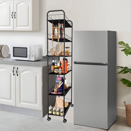 Seadasyoon 10in 6 Tier Slim Rolling Cart with Wheels, Narrow Space Shelving Unit with Handle, Metal Wire Mobile Organiser Rack for Kitchen Bathroom Office Laundry - Image 2