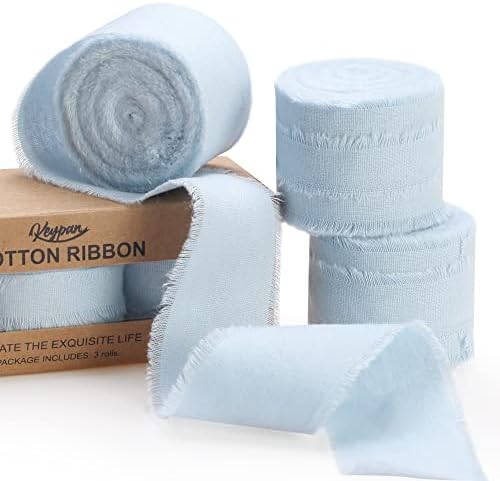 Keypan Light Blue Ribbon for Gift Wrapping, Handmade Fringe Ribbons for Crafts Bridal Bouquets Wedding Invitation Decorations Cotton 3 Rolls 1.6" x 5 Yards