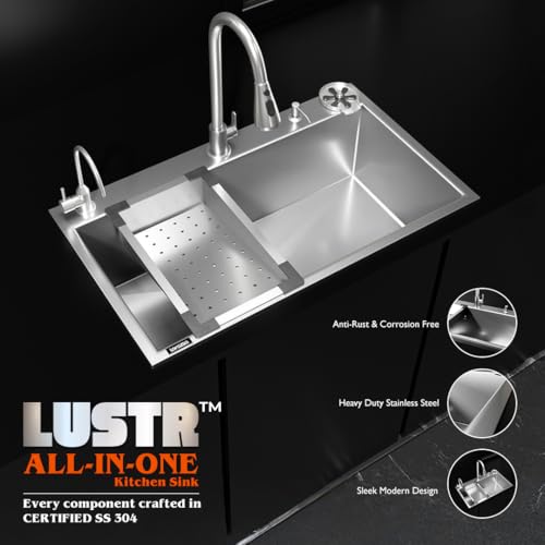 Image of Lorazzo Lustr All-in-One CERTIFIED 304 SS Kitchen Sink with Faucet (30X18 inches) | Sink with Glass Washer, RO Tap, Soap Dispenser, Drainer Basket, Coupling & Pipe | 20-Year Lorazzo Limited Warranty