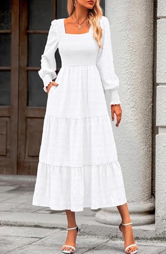 KIRUNDO Spring Dresses for Women 2026 Wedding Guest Maxi Long Sleeve Summer Smocked High Waist Flowy Party Cocktail Dress(White, Small) — view 4