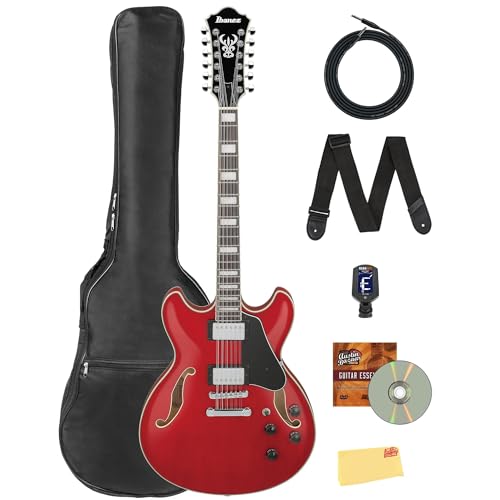 Ibanez AS7312 AS Artcore 12-String Hollow Body Electric Guitar - Transparent Cherry Red Bundle with Gig Bag, Tuner, Strap, Cable, Austin Bazaar Instructional Video, and Polishing Cloth