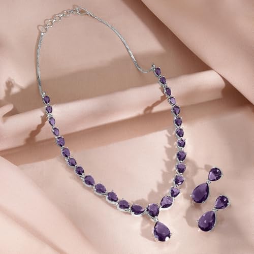 Image of Rubans Necklace Set Rhodium Plated Crystal Studded Jewellery Gift for Women & Girls