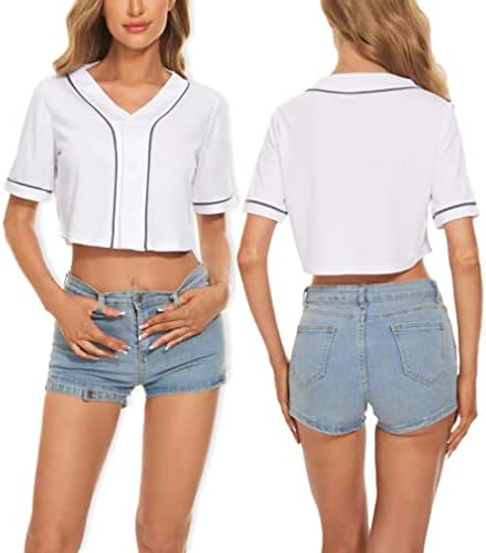 Yuji Itadori Women's Cropped Baseball Jersey T Shirt V Neck Button Adult Summer Casual Sports Solid Color Short Sleeves (White,M)