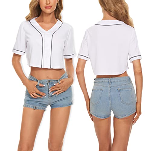 Yuji Itadori Women's Cropped Baseball Jersey T Shirt V Neck Button Adult Summer Casual Sports Solid Color Short Sleeves (White,M) #TOP16