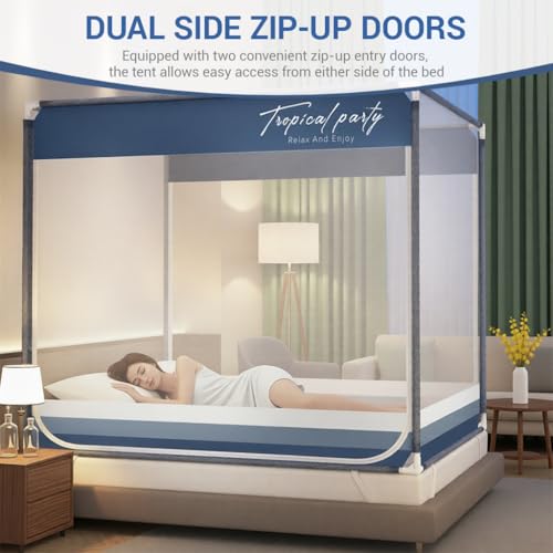 Image of HASTHIP Double Bed Mosquito Net Tent with Frame for Indoor Outdoor Use with Dual Side Doors and Fine Mesh Protection