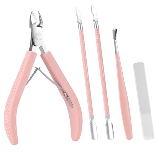 Arcjunys 4 Stück Nagelhautzange mit Nagelhautschieber Professioneller Edelstahl Nagelhautschneider Nagelhautentferner Set Cuticle Nippers and Cuticle Pusher für den Salon oder Heimgebrauch(Rosa)