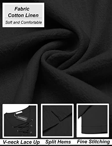 Coofandy Men Linen Shirts Hippie Renaissance Tunic Shirts Medieval Pirate Shirt Top Black #TOP4