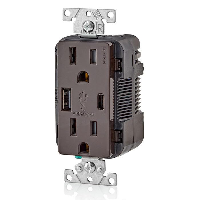 Image of Leviton T5633-B Type A & Type-C USB in-Wall Charger with 15A Tamper-Resistant Outlet, USB Charger for Smartphones and Tablets. Not for Laptops, Brown