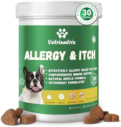 Dog Allergy Chews, Dog Itching Skin Relief with Probiotics Omega 3, Allergy Relief for Dogs Itching Licking Paws, Support Seasonal Allergy, Gut & Digestive Health and Immune System-30ct