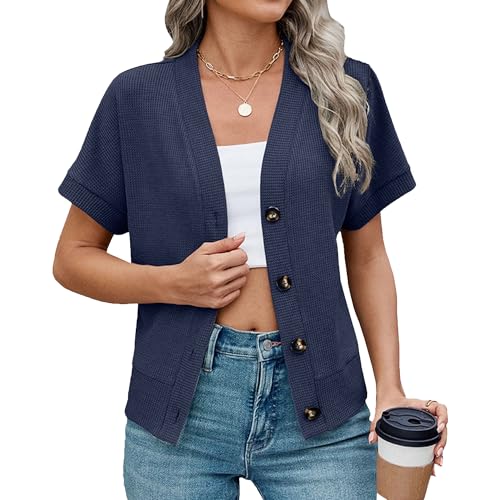 Short Sleeve Cardigan Womens Lightweight Summer Button Down Open Front V Neck Crochet Knit Cropped Bolero Shrugs Navy Blue