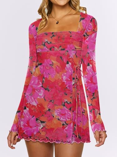 Image of Caracilia Womens Sexy Mesh Ruched Mini Dresses Long Sleeve Square Neck Tie Fall Club Party Cocktail Short Dress 2026 Fashion
