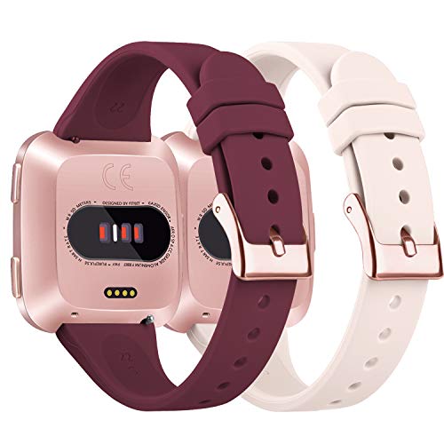 Tobfit Silicone Slim Bands Compatible For Fitbit Versa 2/Versa/Lite/Se, Narrow & Thin Sport Wristbands With Metal Buckle For Women/Men, Wine Red/Sand Pink, Small #TOP1