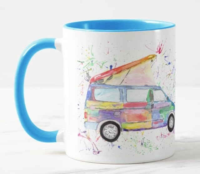 Vixar Campervan Bongo Camping Camper Watercolour Art Coloured Mug Cup Gift Birthday Work Office Christmas Tea Coffee (L Blue)