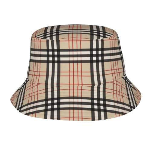 Beige Plaid Tartan Checkered Fisherman Hat Bucket Hat Unisex Printed Outdoor Sun Cap
