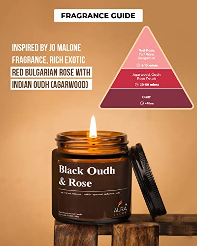 Image of AuraDecor Scented Jar Candle | Handpoured Soy Wax Candle with Long Lasting Burn Time | Premium Amber Jar Aromatherapy Candle | Ideal Gift for Home & Decor (Large, Black Oudh & Rose)