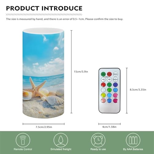 Image of Poceacles Beach Starfish Seashell Blue Sky LED Flameless Candles Battery Operated Candles with Remote Control Timer Flickering Wick Pillar Candles for Coastal Home Bathroom Outdoor Decor
