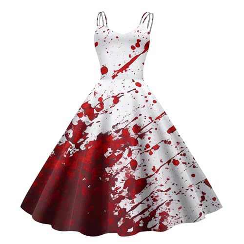 Bauzuoyo Disfraz de Halloween para mujer, vestido sangriento con estampado de salpicaduras de sangre, vestido de novia zombi sin mangas para fiesta de terror, gótico, cosplay, vestido de carnaval
