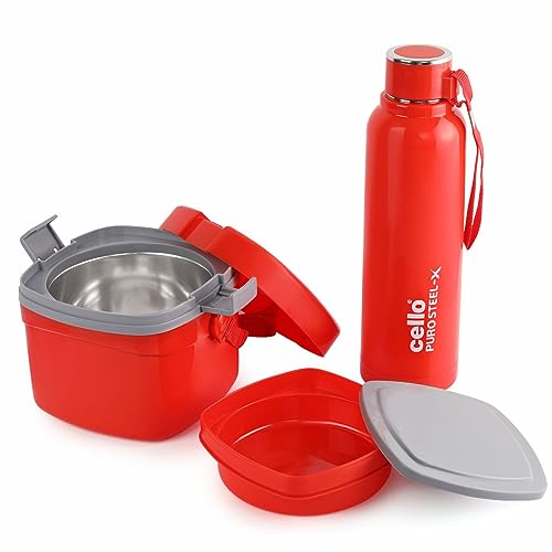 Image of CELLO Puro Benz Stainless Steel Lunch & Bottle Gift Set |100 Percent Food Grade Material| Easy to Clean | Red | Pack of 2