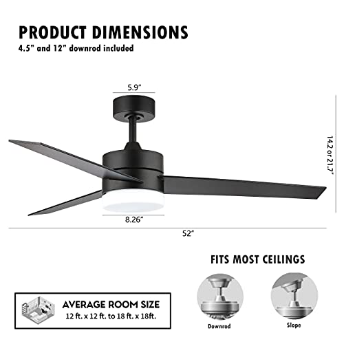 WINGBO 52" Modern Ceiling Fan with Lights and Remote Control, Contemporary Ceiling Fan Matte Black, 3 Reversible Blades, Indoor LED Ceiling Fan for Kitchen Bedroom Living Room, ETL Listed - Image 4