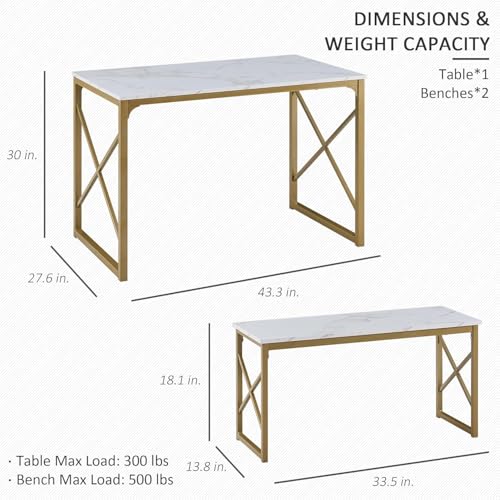 Image of VECELO 43.3 inch Kitchen Dining Table Set for 4, Heavy-Duty Steel Frame & Wood-Grain Tabletop, Space-Saving Dinette Sets with 2 Benches for Breakfast Nook and Small Space, Golden