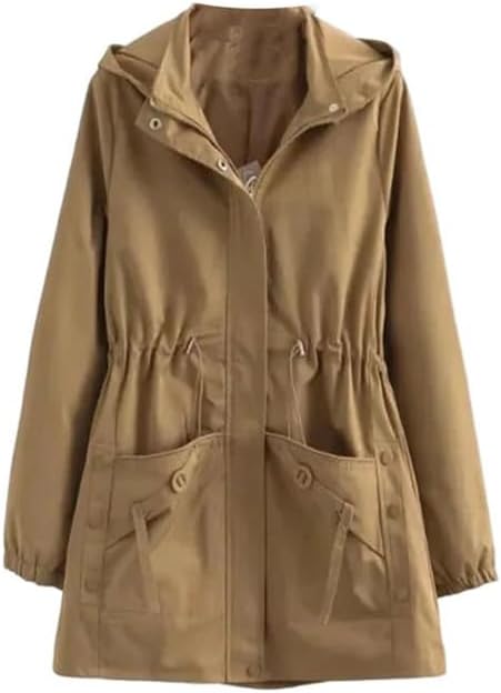 Women Long Sleeve Trench Coat Solid Mid Long Hooded Middle Aged Casual Vintage Outerwear