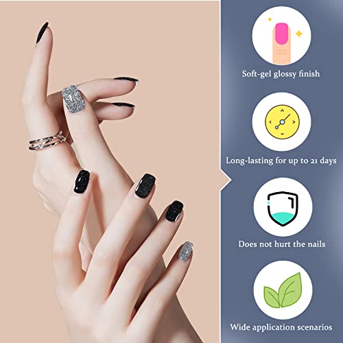 Dukasou Semi Cured Gel Nail Strips, 28Pcs Black Glitter Gel Nail Strips With Uv/Led Light, Long Lasting Gel Nail Stickers Full Nail Wraps For Women Girls Kids Diy Decorations Birthday Party Favor Gifts, Includes Prep Pads, Nail File & Wood Stick #TOP2