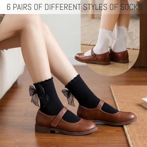 Image of Jspupifip 6 Pairs Lace Ruffle Frilly Crew Socks for Women Girls | Cotton Breathable Cute Princess Ankle Dress Lace Socks Thin Cool Casual Socks