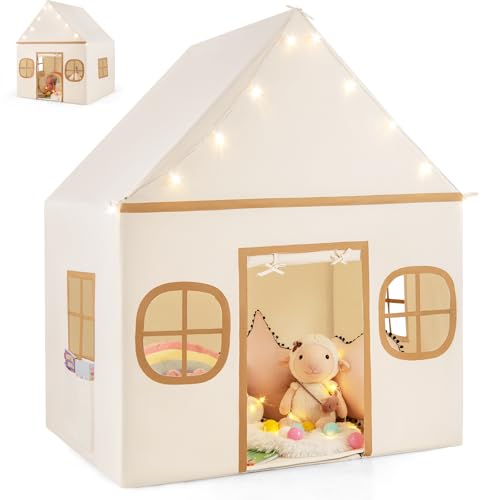 HOMASIS Tente d'intérieur pour Enfants, Maison de Jeu en Coton, Tente de Jeu avec lumières étoilées, Tapis rembourré, 4 fenêtres et Rideau, Tente Princesse pour garçons et Filles 3 Ans + (Brun)