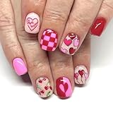 Square Press on Nails Short Fake Nails Press ons with Hearts Cherry Balloons Design Lattice Glue on Nails Red False Nails Glossy Artificial Stick on Nails for Women 24 Pcs