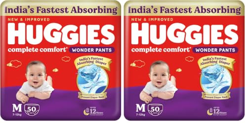 Image of Huggies Complete Comfort Wonder Pants | Pant Style Baby Diapers M Size, 50 Count | India's Fastest Absorbing Diaper, Patented Dry Xpert Channel, Ideal for 7 to 12 Kgs (Pack of 2)