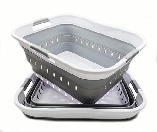Image of SAMMART 42L (11 gallon) Collapsible Plastic Laundry Basket - Foldable Pop Up Storage Container /Organizer - Portable Basket - Space Saving Hamper /Basket (2, White /Grey)