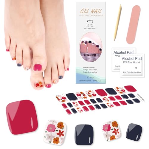 Boloshine 32 Piezas Tiras de Esmalte de Uñas de Gel Semicurado, Cubierta Completa Pegatinas Uñas Pies, Larga Duración Uñas Gel Pegatinas UV/LED Lámpara Requerida - Las Flores Vuelven a Florecer