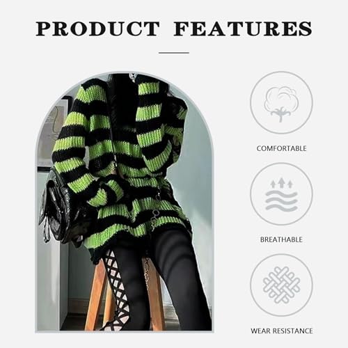 Image of Goth Y2K Striped Sweater with Belt Ripped Punk Gothic Long Sweaters for Women Grunge Distressed Halloween Pullover Tops
